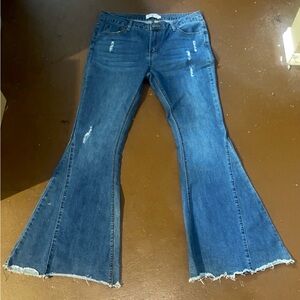 Y2K does 70’s -Crazy Train -Dark Blue distressed Flare Jeans